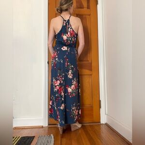 French Grey Navy Floral Maxi Dress